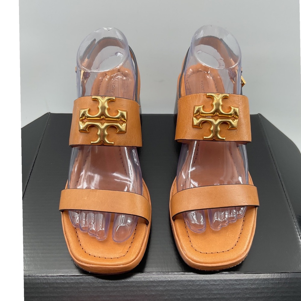 Tory Burch Eleanor Tan Leather Block Heel Slingback Sandals Gold Logo 8.5M